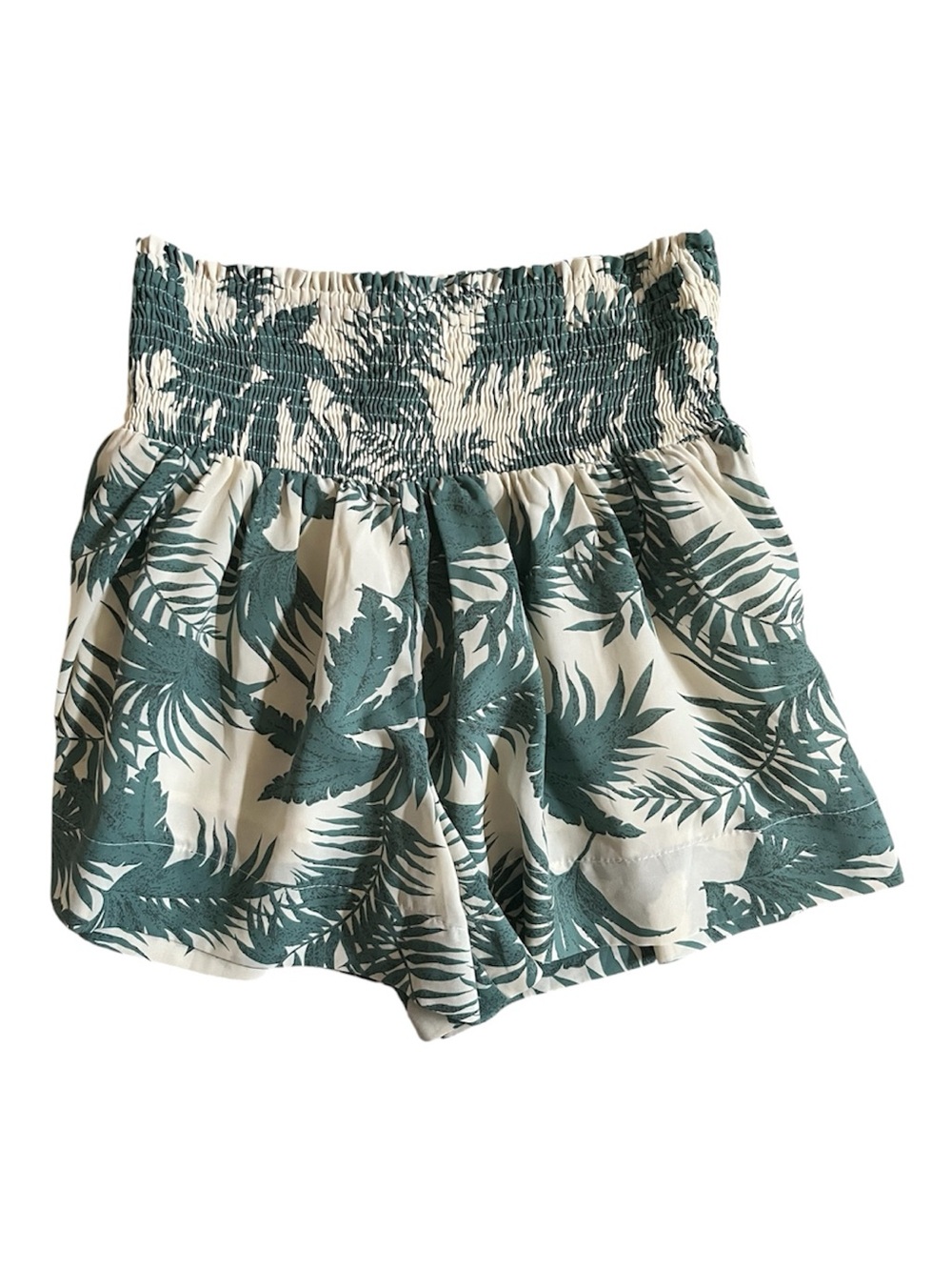 High Waist Green Palm Print Women’s Shorts Size Small Smocked elastic waistband